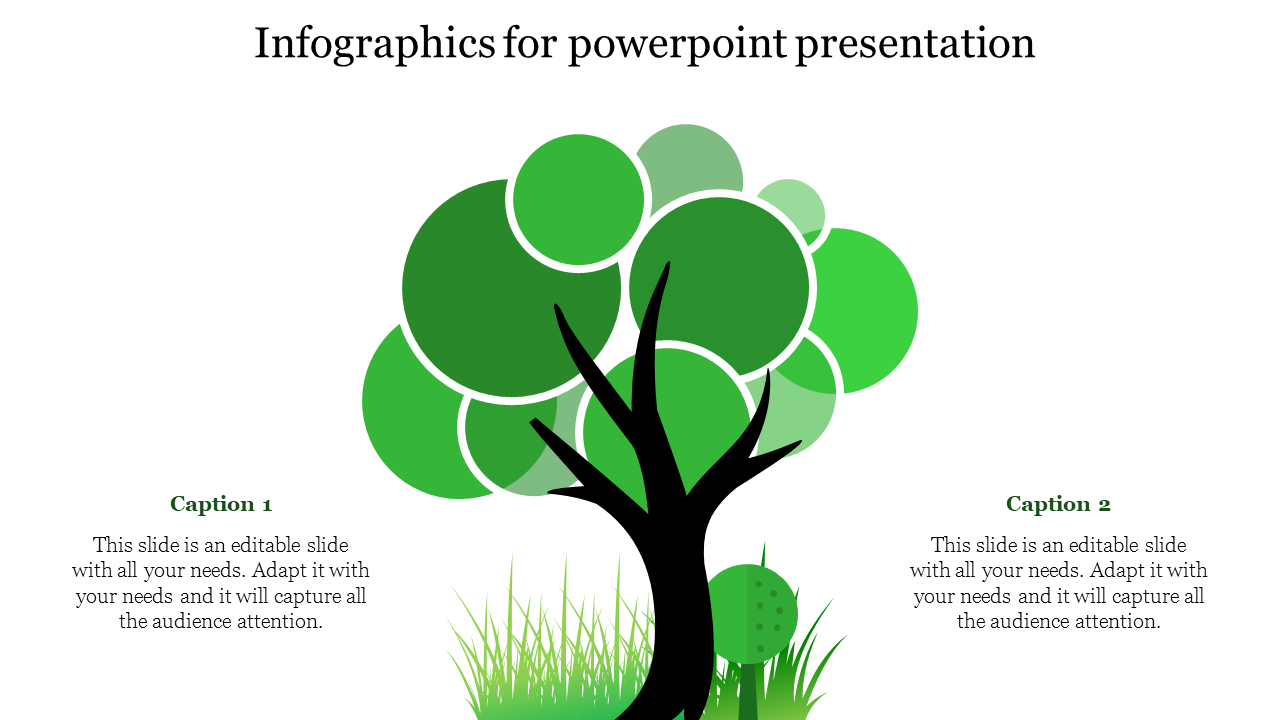 Infographics of a tree with green circles as leaves and black branches, with placeholder captions on both sides.