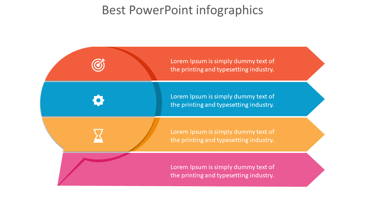 Layered infographic with four colorful horizontal segments in red, blue, yellow, and pink, featuring icons and text.