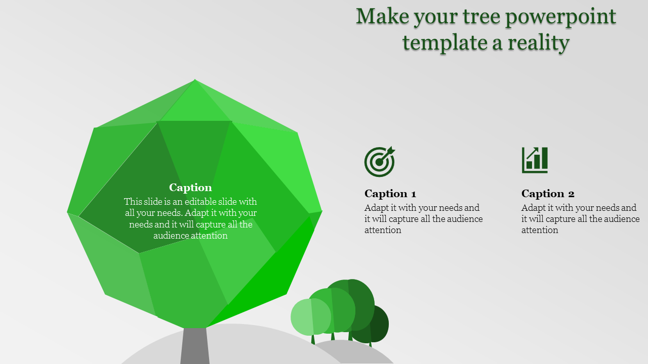 Tree-shaped graphic with geometric green sections, paired with captions and two icons indicating goals and growth.