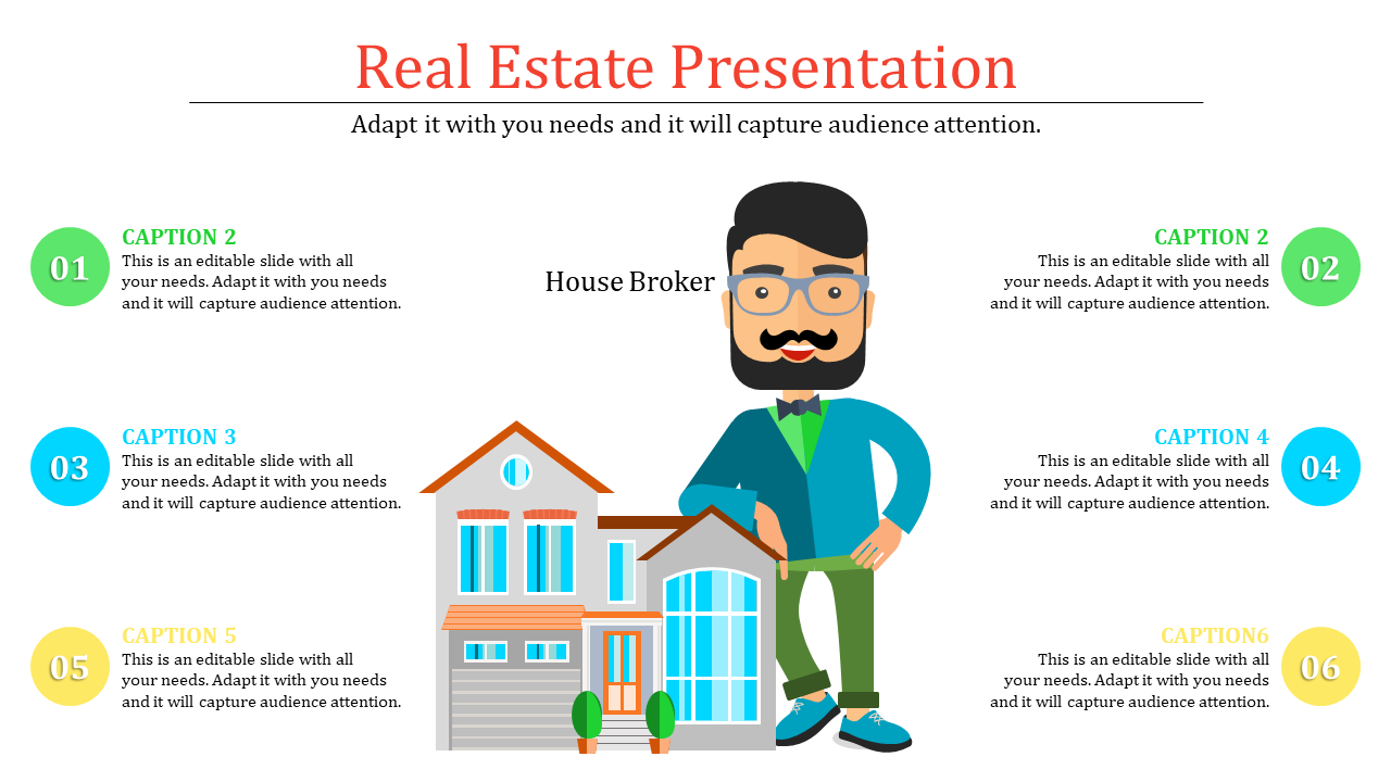 Illustration of a real estate slide showing a broker standing next to a modern house, surrounded by six caption areas.