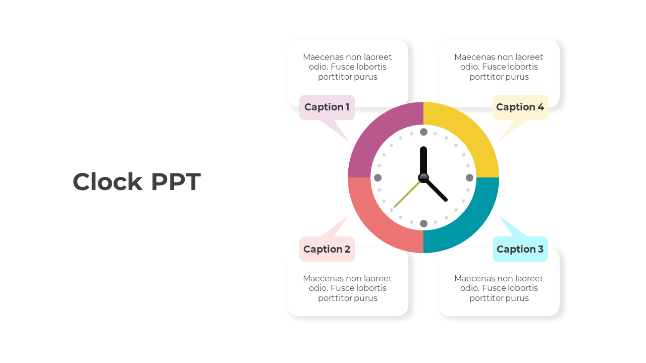 A colorful clock slide featuring four sections for captions on a white backdrop.