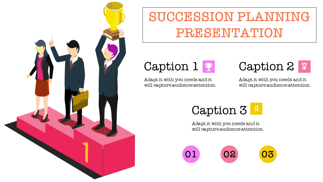 Succession Planning slide with three people standing on podiums, celebrating success, with a trophy and medal icons.