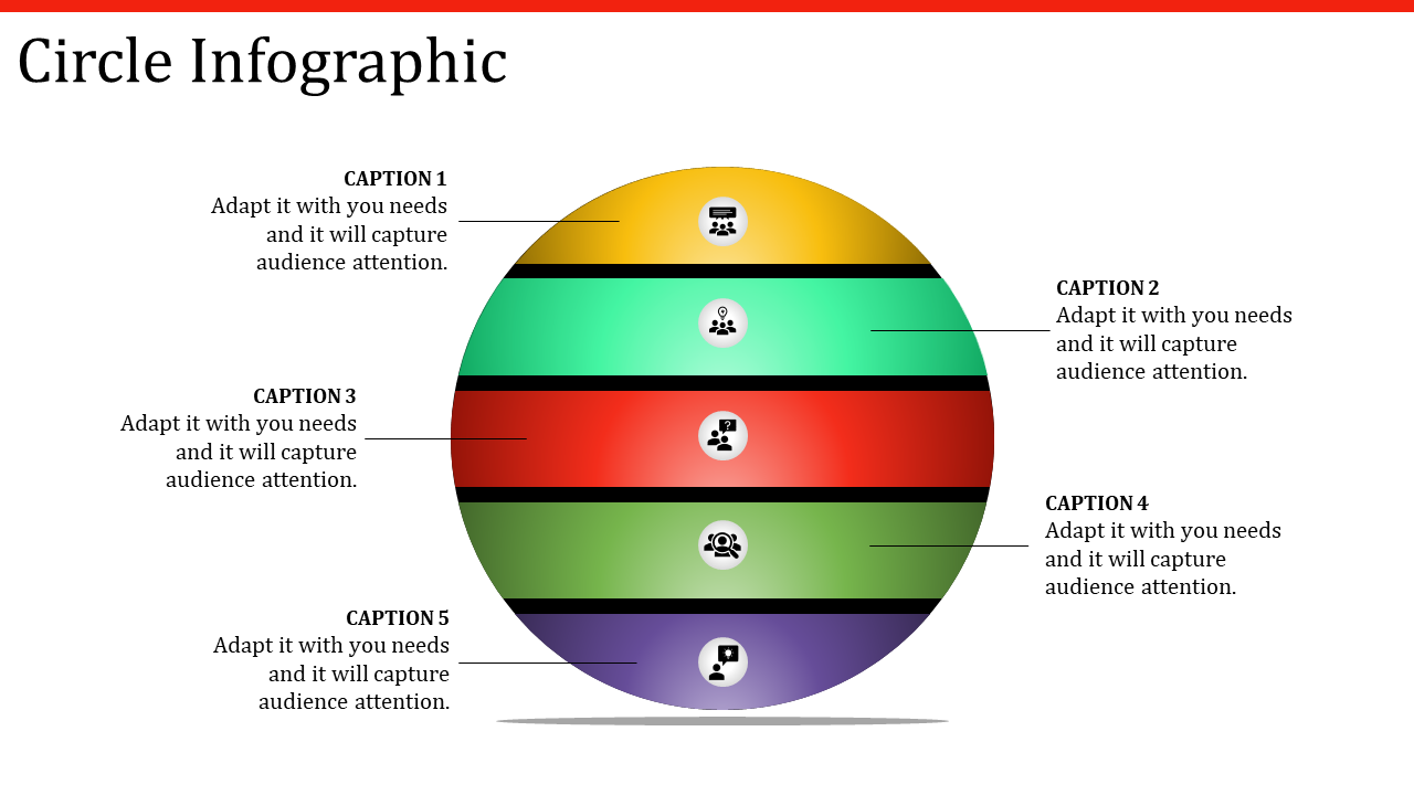 Multi layered circular infographic with five horizontal colored bands, each labeled with a caption and icon.