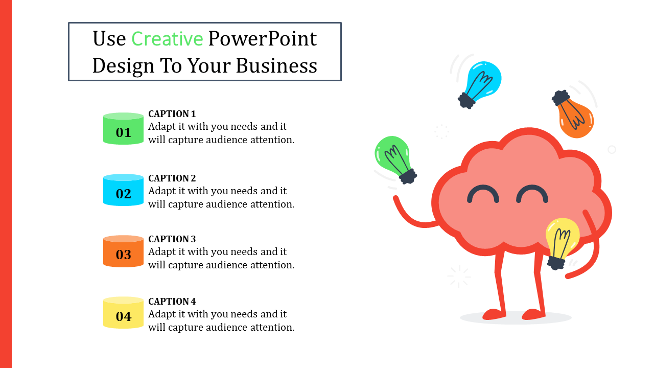 Creative PowerPoint design showing a smiling brain character with light bulbs floating around, and colorful caption boxes.