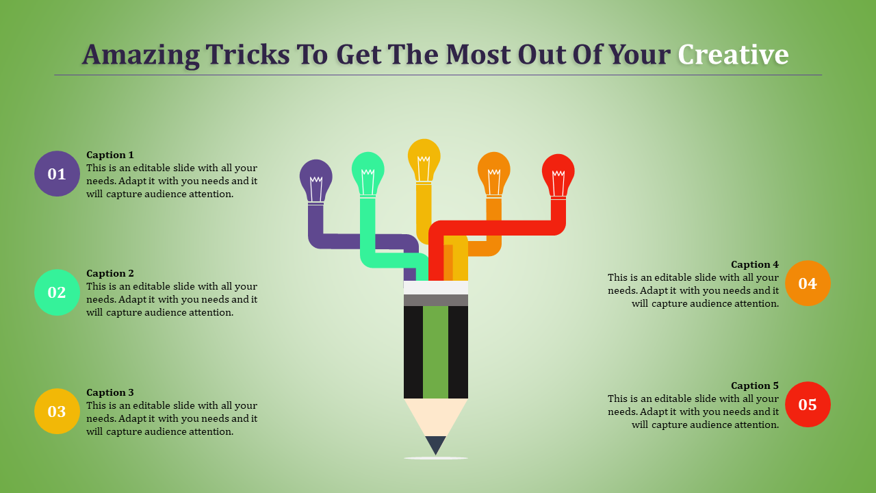 A colorful PowerPoint slide with light bulbs coming out of a pencil with five caption sections on a green theme.