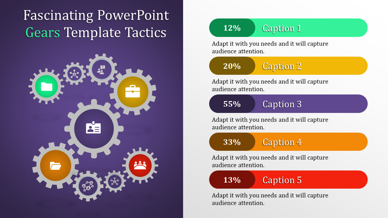 Gears of varying sizes with icons in the center, alongside five colorful horizontal bars displaying captions and percentages.