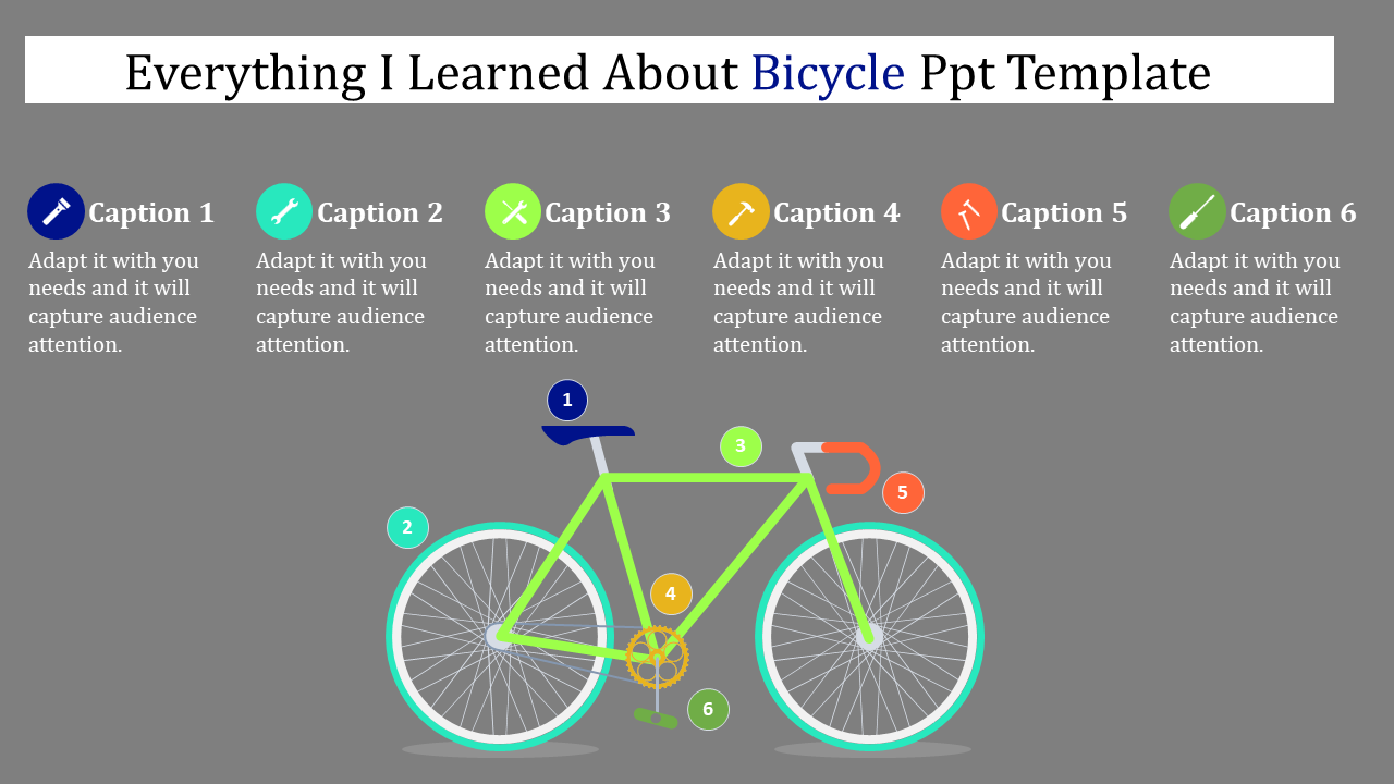 Bicycle illustration with five numbered parts, connected to colored captions above, on a dark gray background.