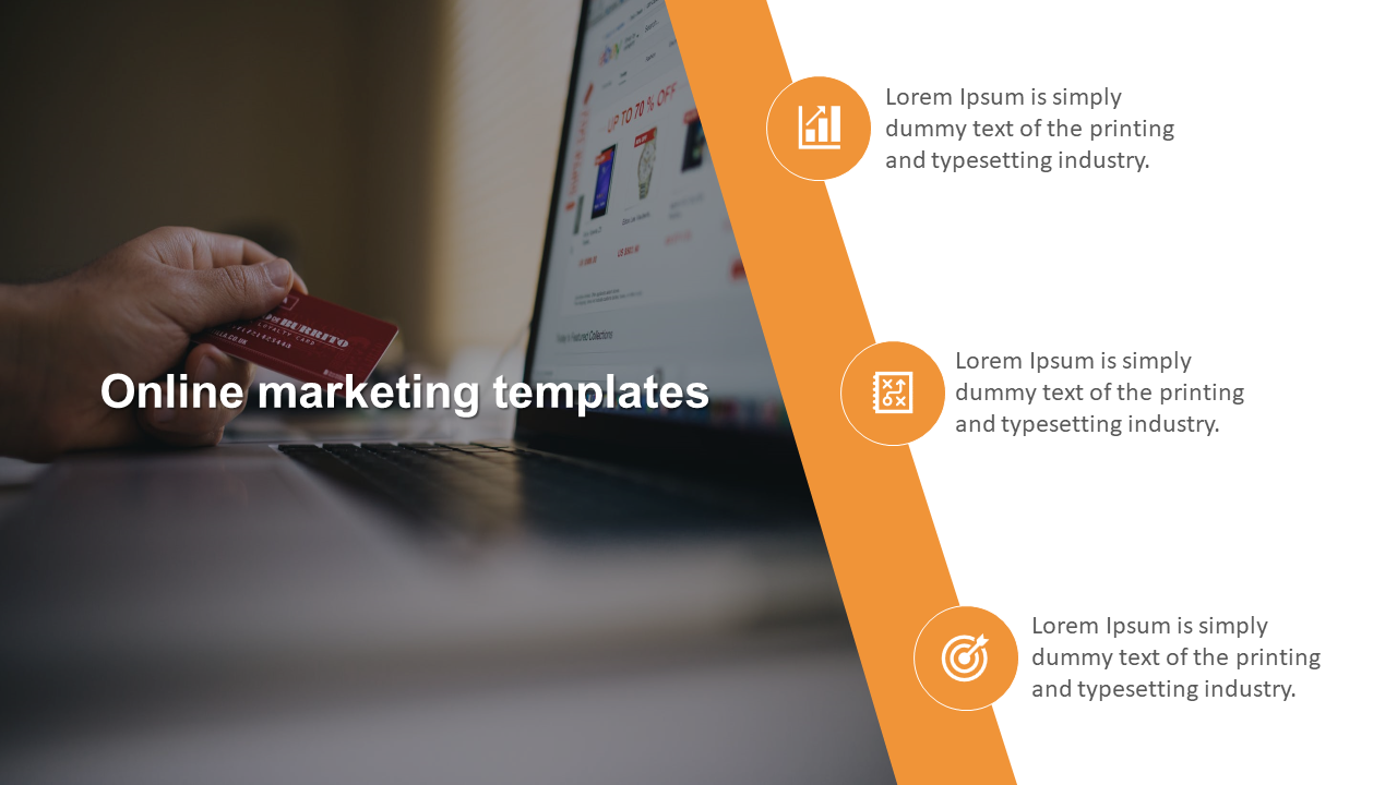 Online marketing template slide with a credit card and laptop image, text and icons in an orange side panel.