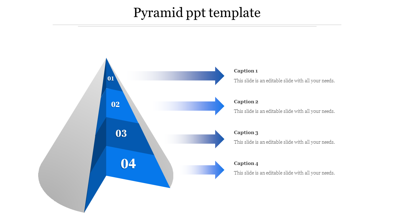 Blue and grey pyramid PowerPoint template with four numbered sections and arrows pointing outward.