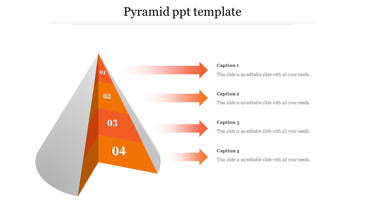 Orange and grey pyramid PowerPoint template with four numbered sections and arrows pointing outward.