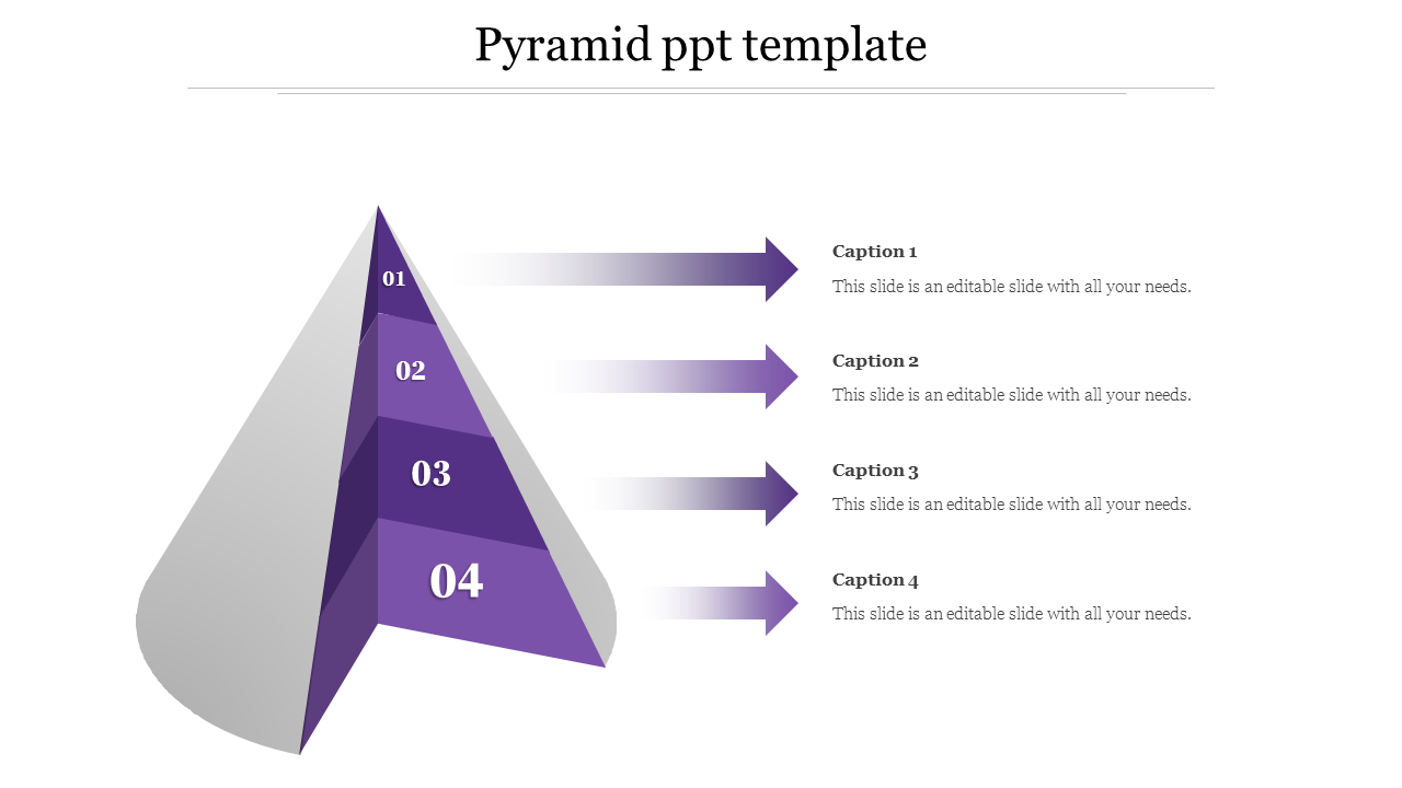 Layered 3D pyramid infographic in purple with four sections, each linked to a description by rightward arrows.