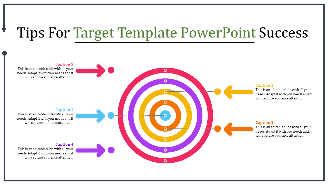 Concentric target design in red, purple, yellow, orange, and blue with five labeled arrows connected to captions.