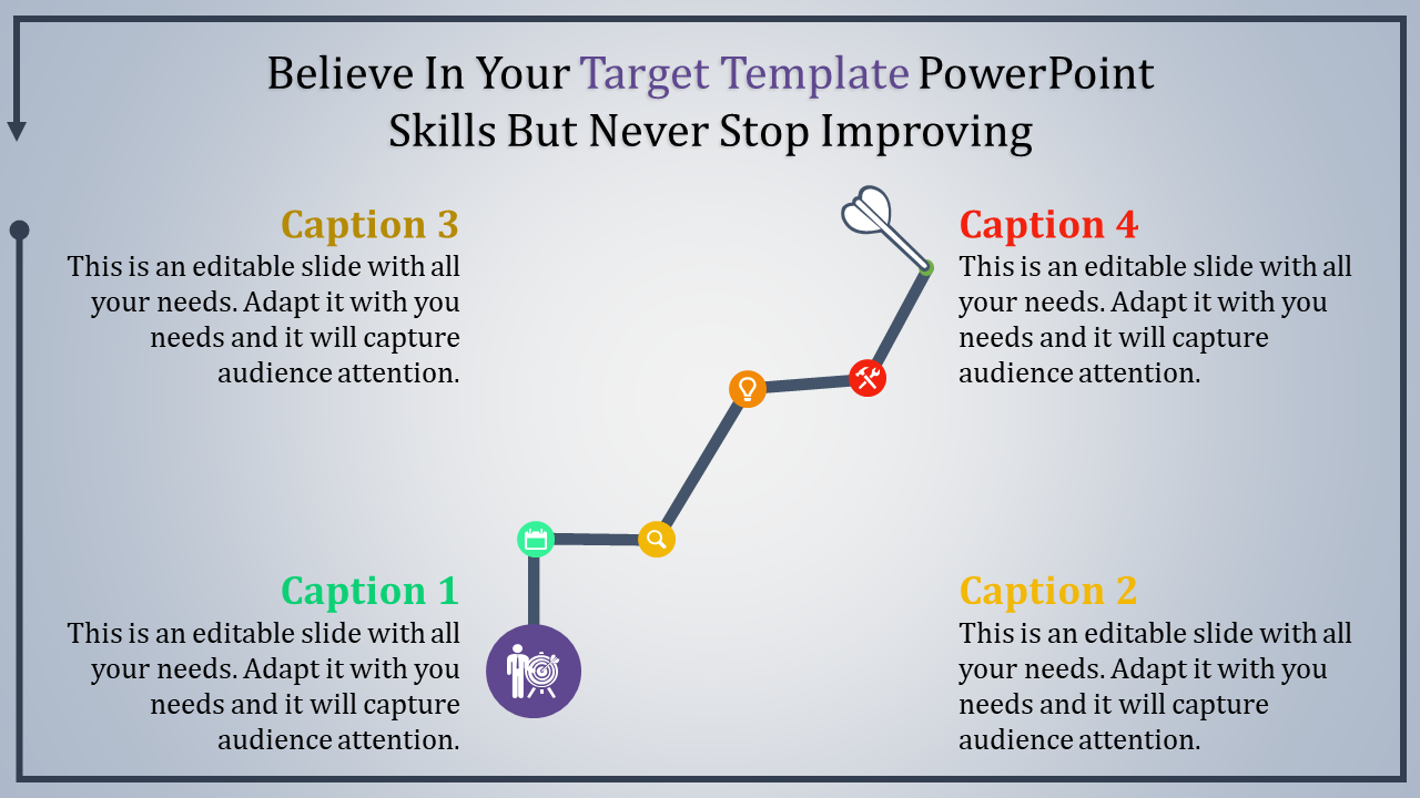 Slide with a pathway infographic showing a progressive line connecting target, exploration, idea, and implementation steps.