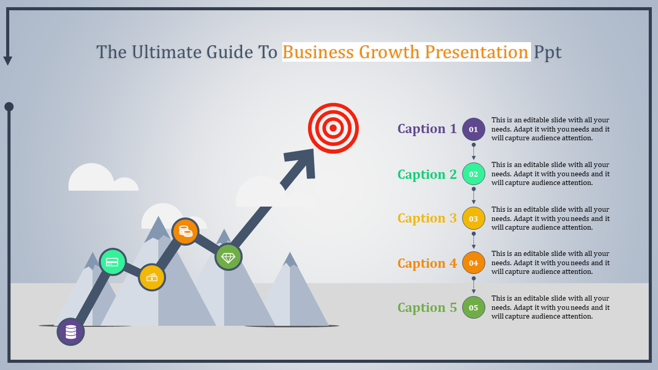 Business growth chart with icons along an upward arrow, leading to a target, with five colorful captions on the right.