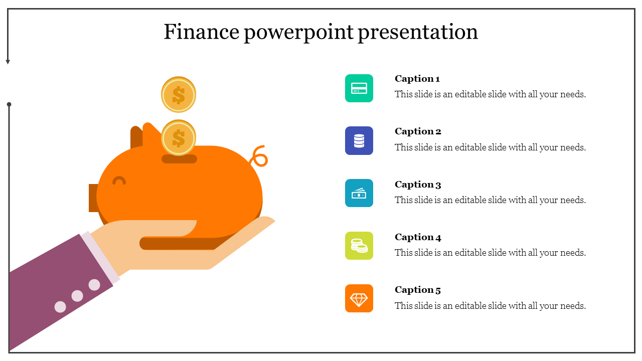 An orange piggy bank on a hand with two floating dollar coins, five colorful finance icons with caption areas on the right.