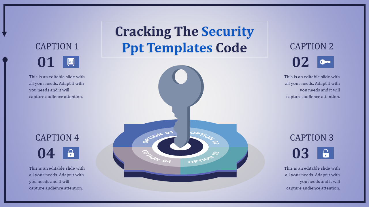 Central gray key placed into a circular four-part lock mechanism, with numbered captions on a blue gradient background.