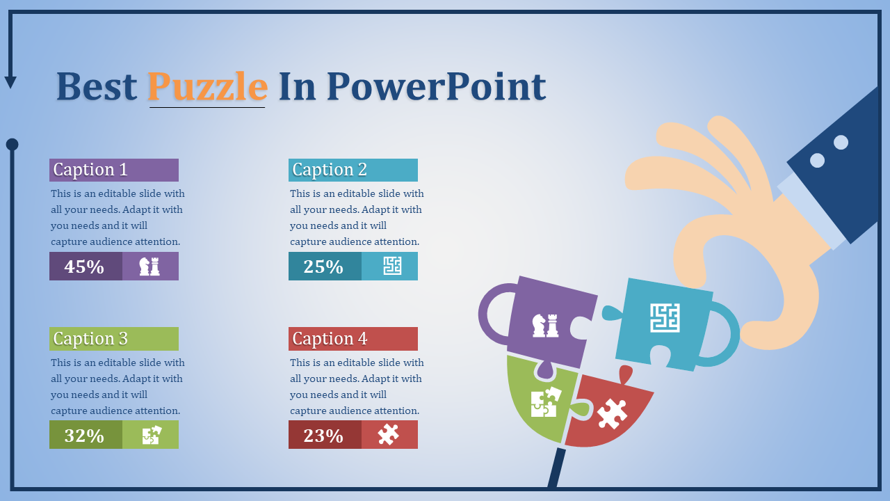 PowerPoint slide showing colorful puzzle pieces, each with a different percentage for various captions with placeholder text.