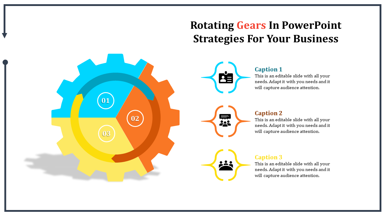 Business slide featuring a large multi colored gear and text sections with blue, orange, and yellow accents.