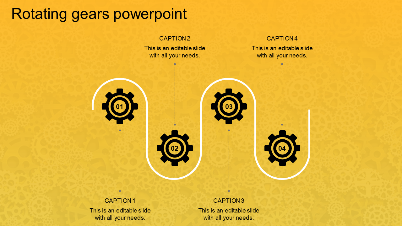 Four Node Rotating Gears In PowerPoint Template Yellow Color