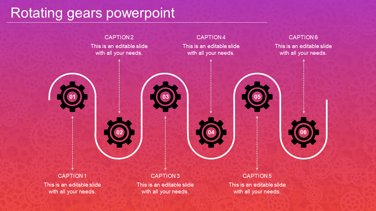 Six black gears numbered 1 to 6 connected by a winding white line on a pink and purple gradient background.