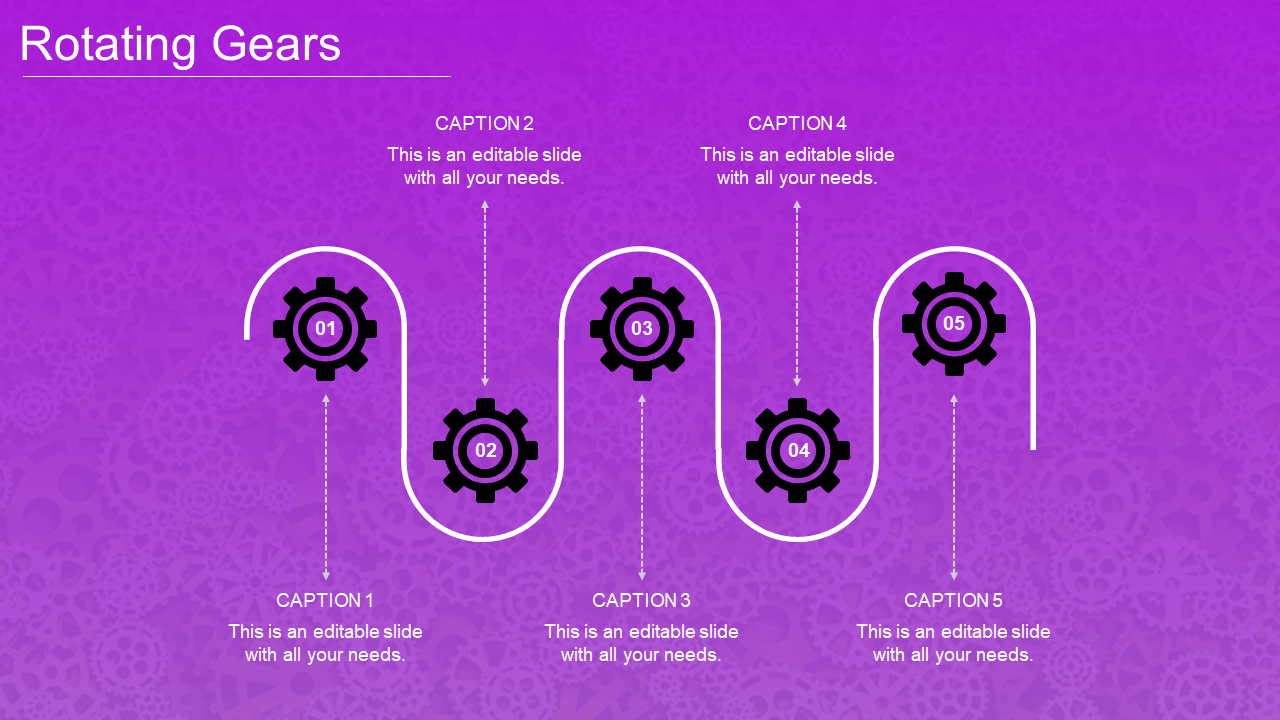 A purple background PowerPoint slide with rotating gears and captions with text placeholders.