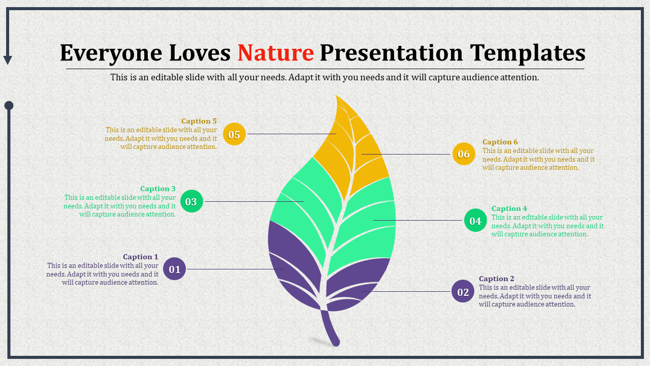 Nature presentation template with a vibrant leaf graphic and six captions in different colors.