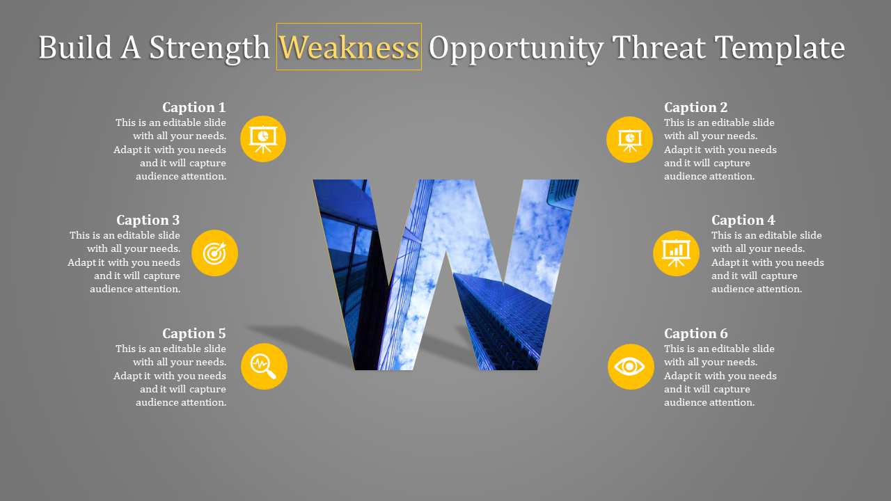 PowerPoint template for SWOT analysis, featuring a large W symbol and icons for each category with captions.