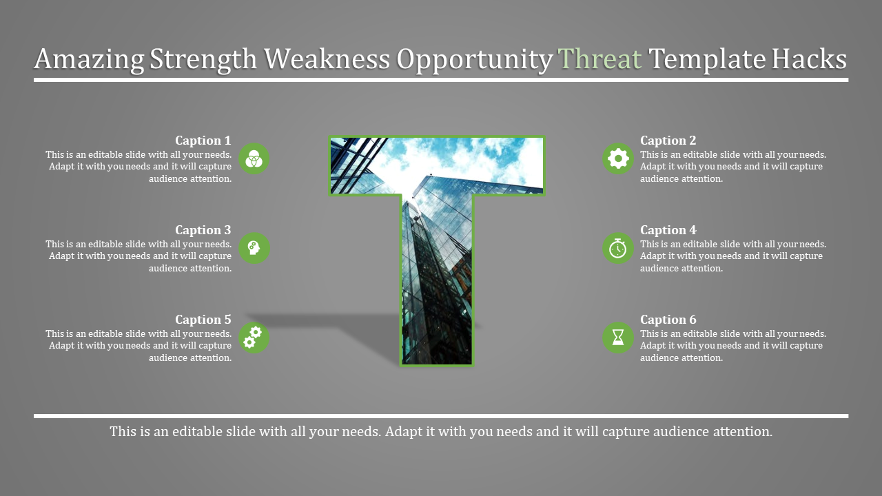 SWOT PPT slide featuring a T letter in the building backdrop and symbols representing business concepts with captions.