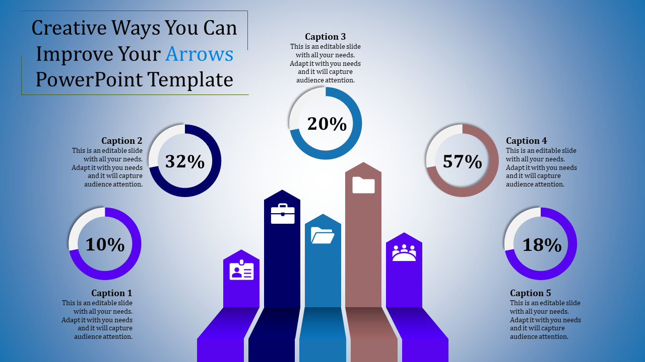 Creative Arrows PPT template with data driven elements and percentage indicators with icons and captions.