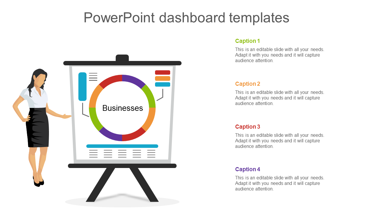 Slide with a businesswoman standing beside a colorful ring chart labeled on a board and four captions on the right.