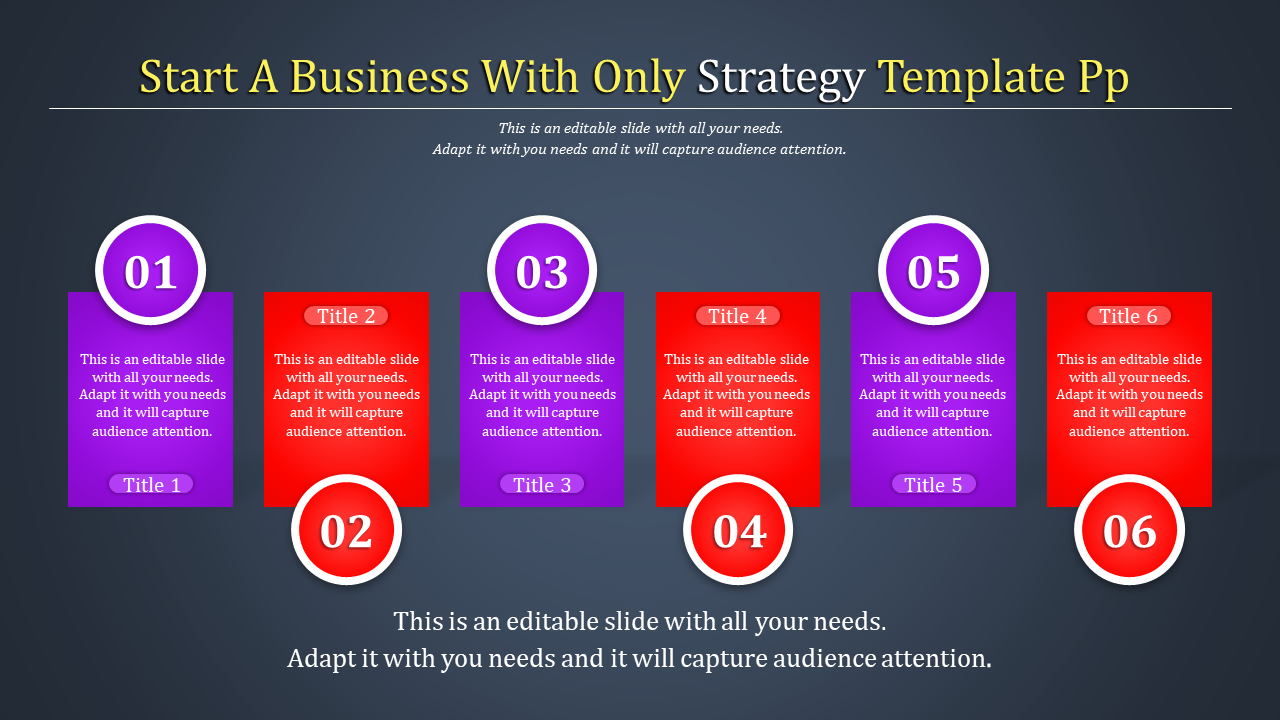 A business strategy slide featuring six blocks with numbered titles, designed for customization with text and images.