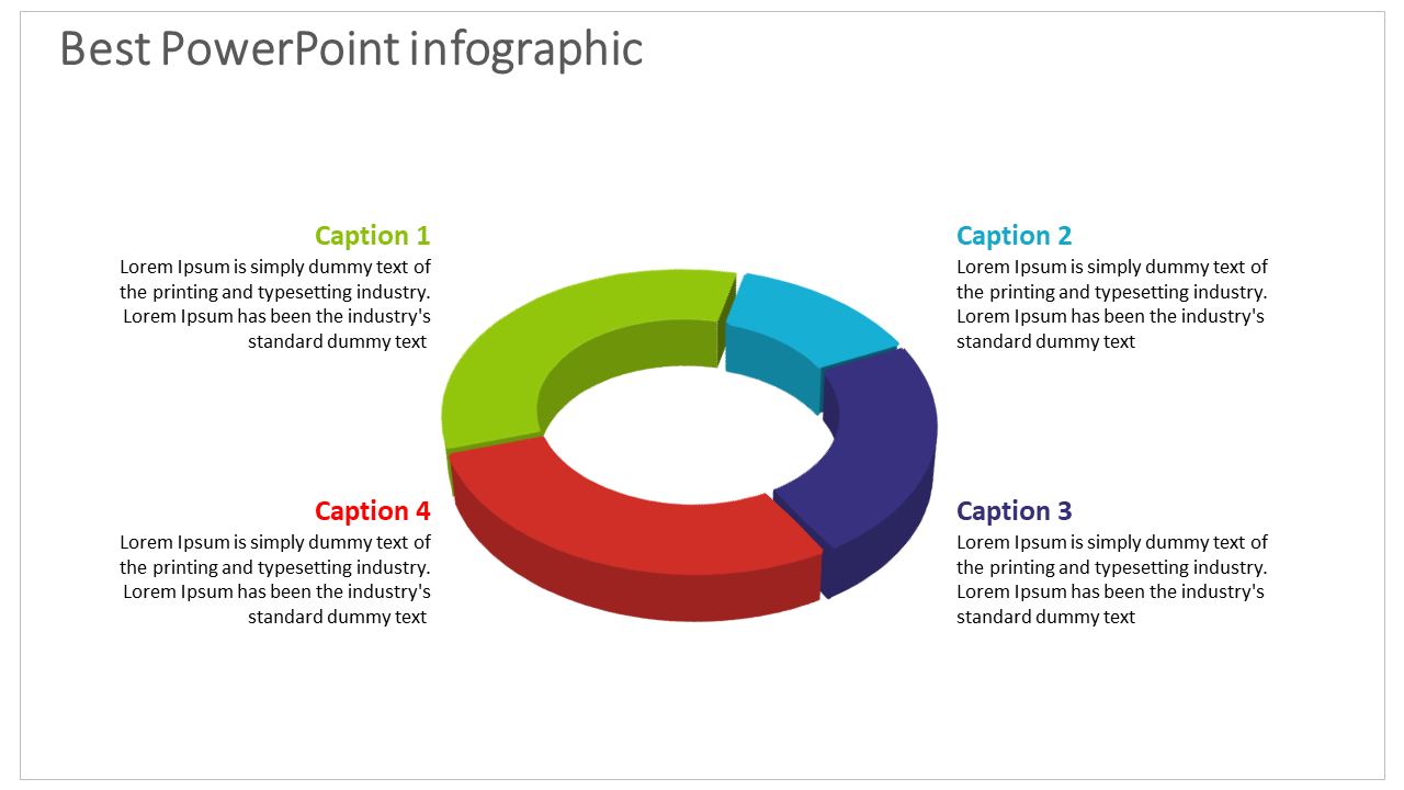 3D ring chart PowerPoint infographic with four labeled segments in green, blue, purple, and red, each with a caption.