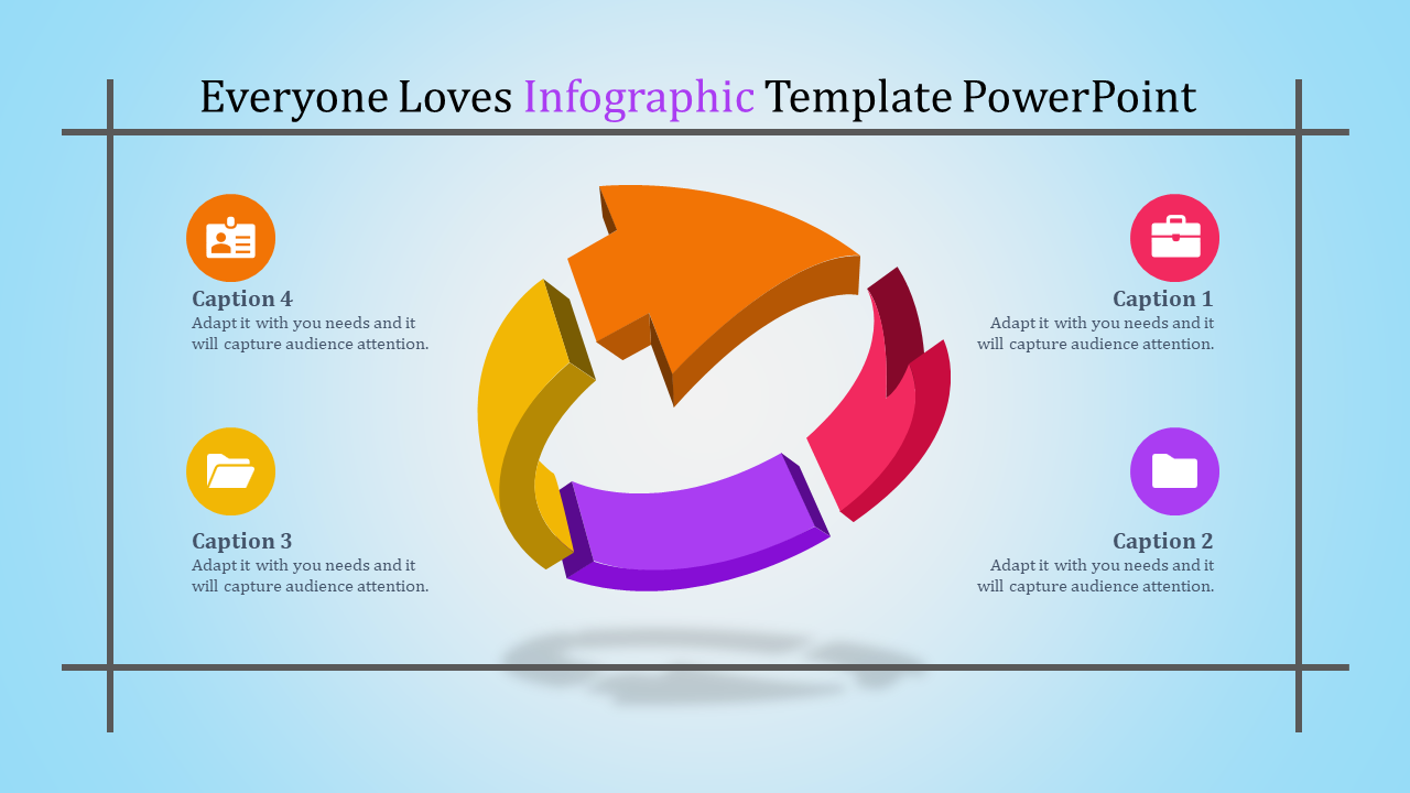 Circular infographic with four colorful 3D arrows in orange, red, purple, and yellow on a light blue background.