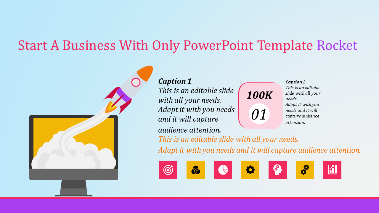PowerPoint template showing a rocket launching from a computer screen with caption and icons.