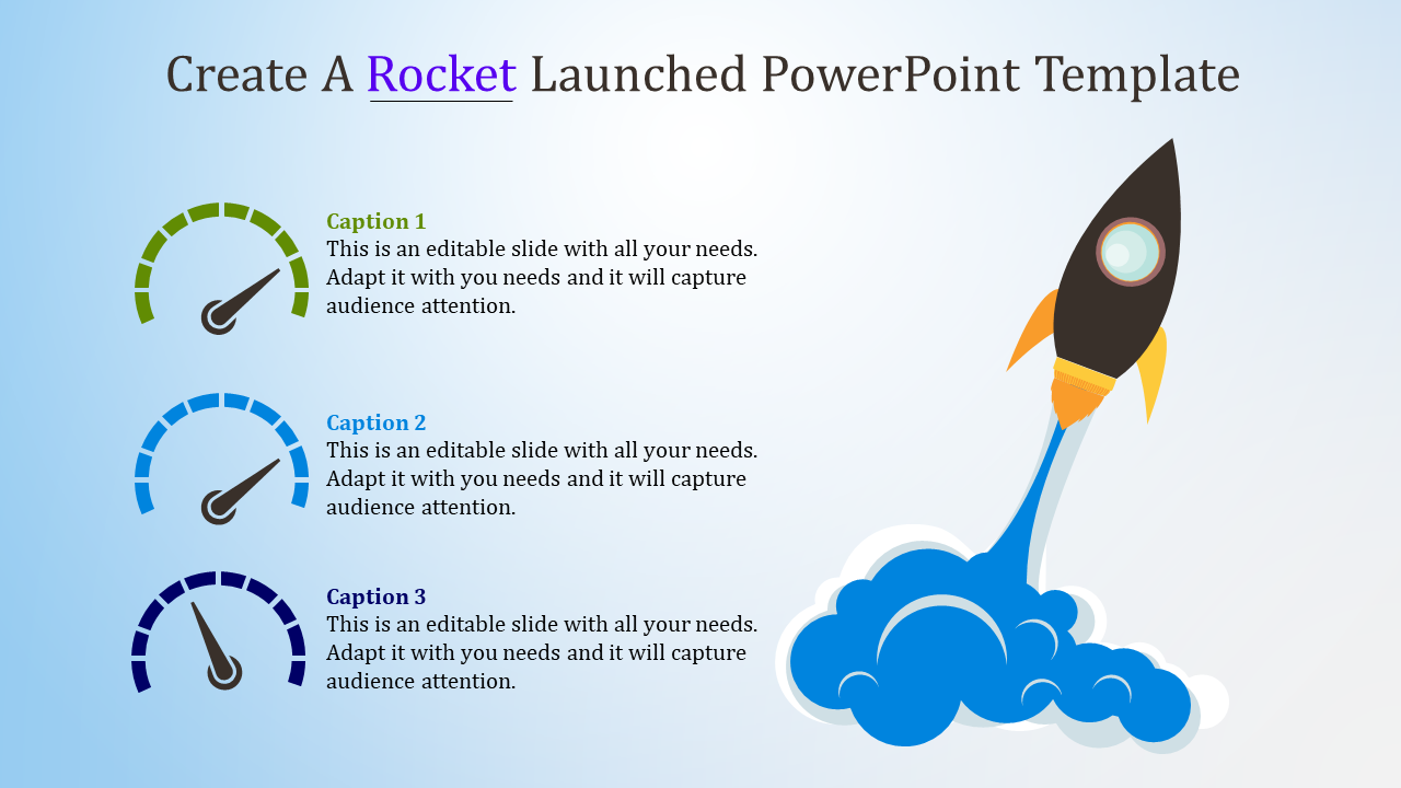 Rocket launch graphic showing motion with a blue smoke trail and three semicircular speedometers in varying colors.