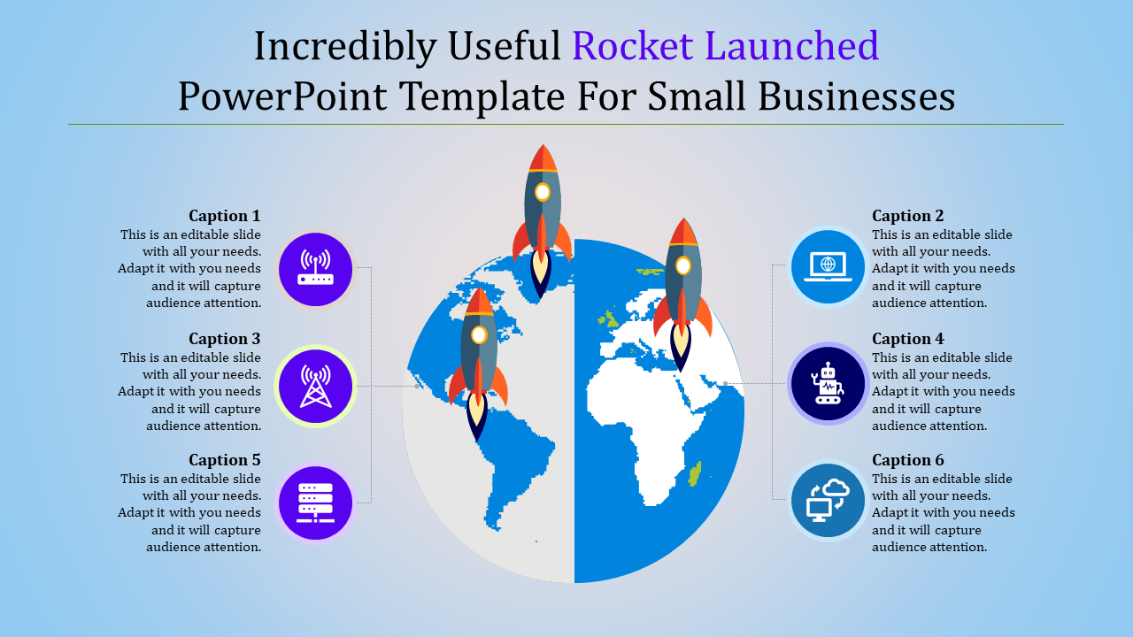 Illustration of rockets taking off from a globe with connected captions featuring blue and purple icon circles.