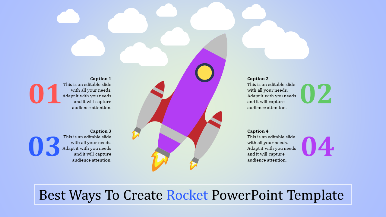 A vibrant PowerPoint template showing a rocket launching with numbered steps for creating a presentation.