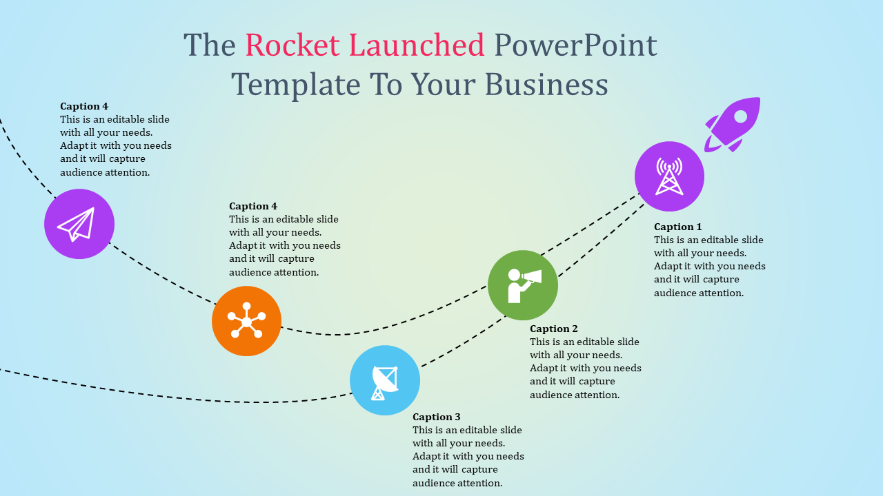 Business themed slide with five colorful icons on a dotted path, showing a progression from paper plane to rocket icon.