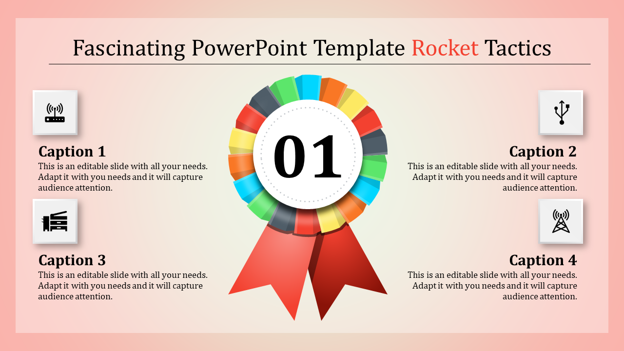 Colorful award themed PowerPoint slide with a ribbon and four caption sections on a gradient background.