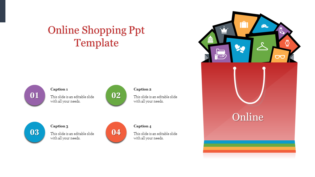 Online shopping template with icons in a red shopping bag on the right, and four numbered captions on the left.