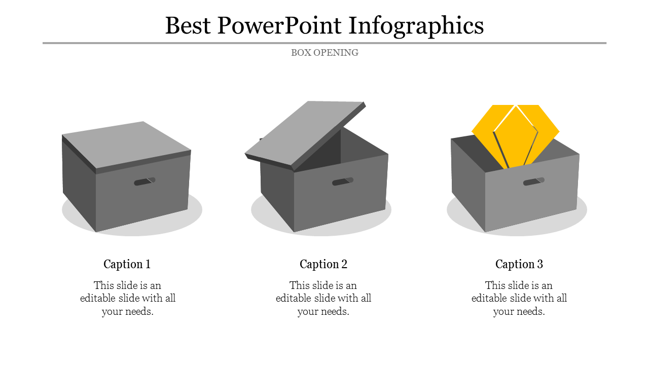 Infographic PPT slide featuring three grey boxes in varying states of being opened, with one box revealing a yellow object.