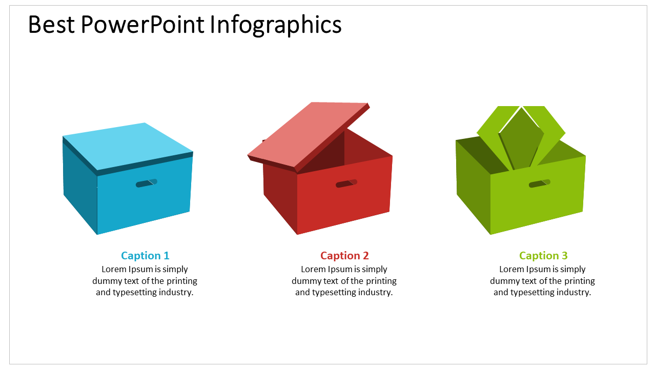 Three colorful boxes in blue, red, and green with captions beneath, representing different concepts in a clean layout.