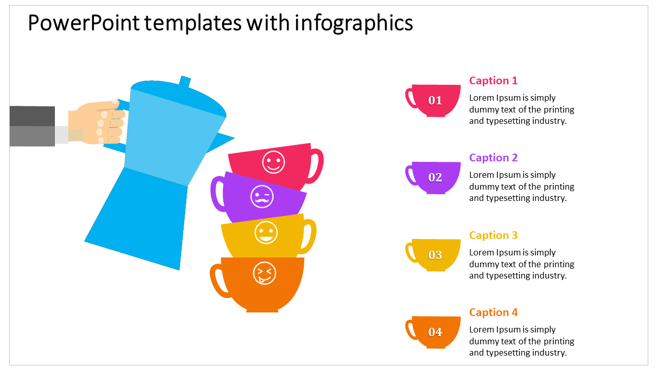 Colorful stacked cups with captions and smiling faces represent a PowerPoint infographic template.