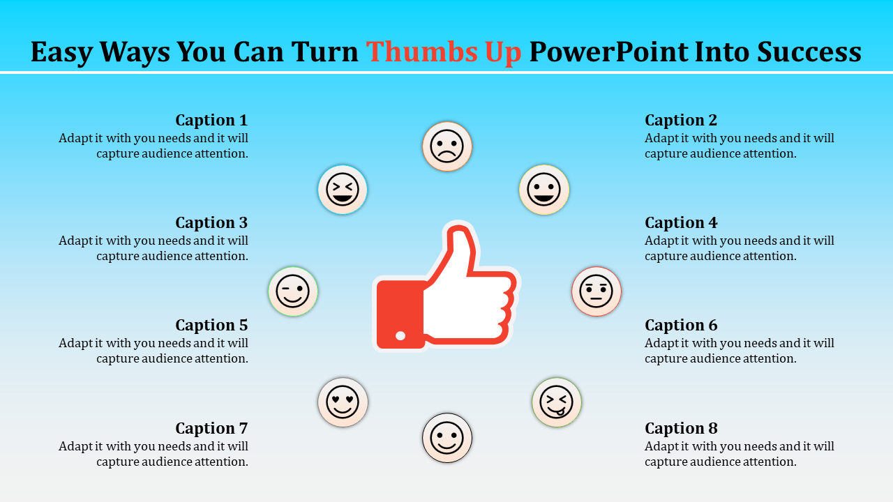 PowerPoint slide with a large thumbs up icon and various smiley face emojis surrounding it, with multiple captions.