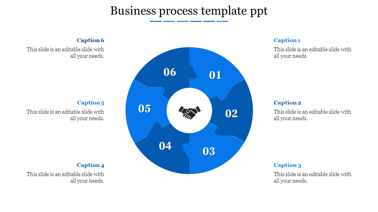 Circular business process diagram in shades of blue with six puzzle pieces and a handshake icon in the center.