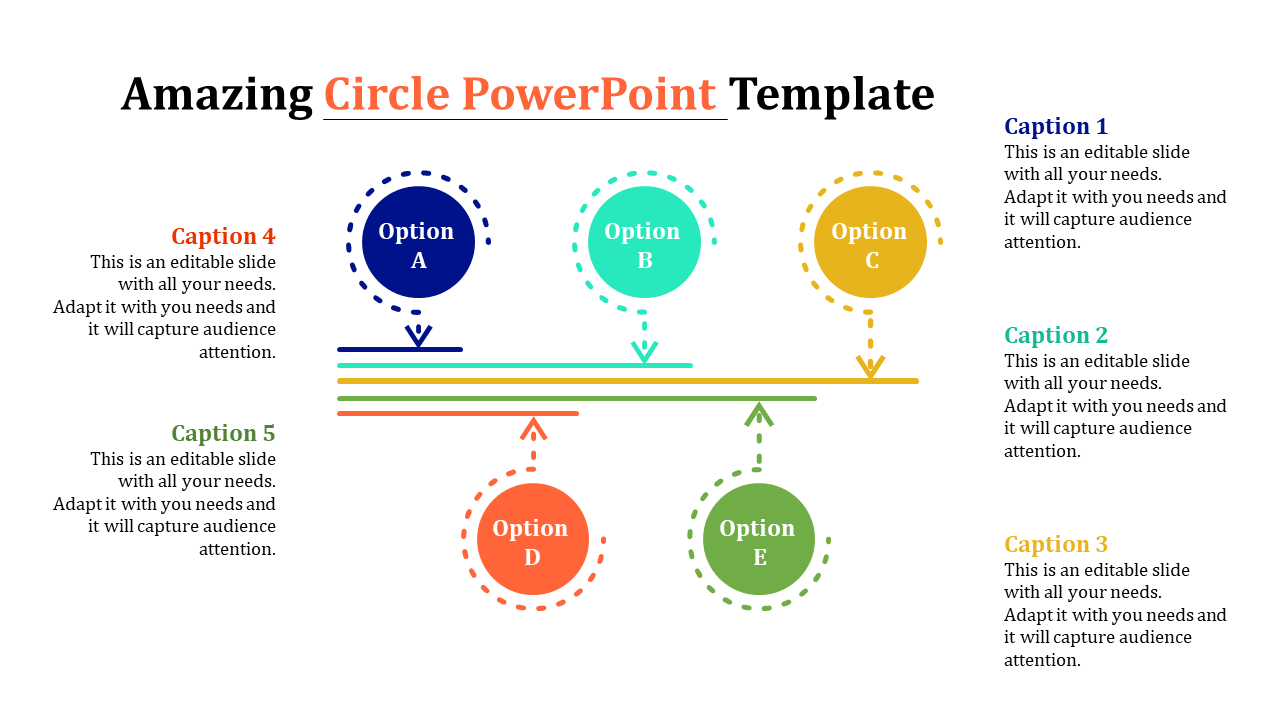 Infographic with five options (A, B, C, D, E) in circles connected by dotted lines, with five caption areas.