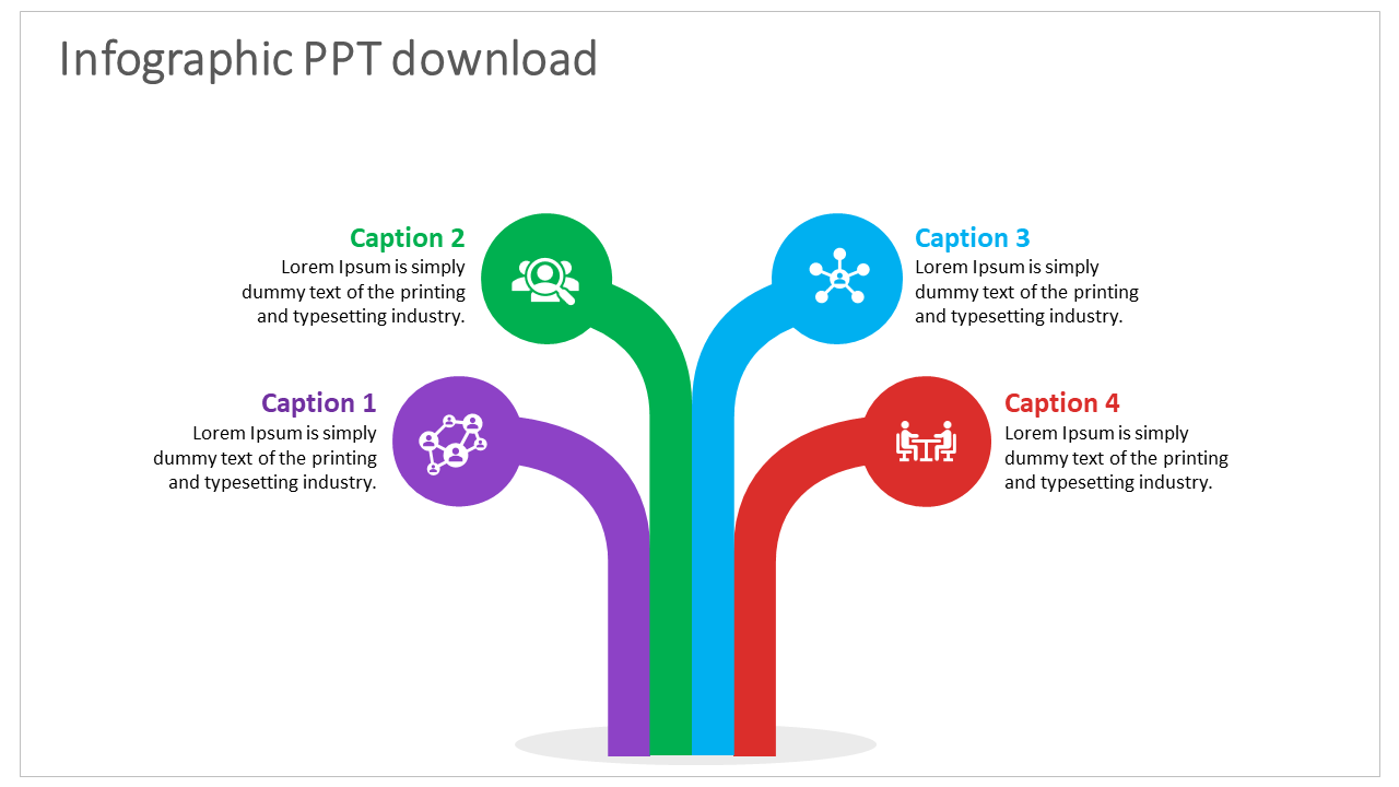 Colorful infographic with four curved lines in purple, green, blue, and red, each ending with an icon and text.