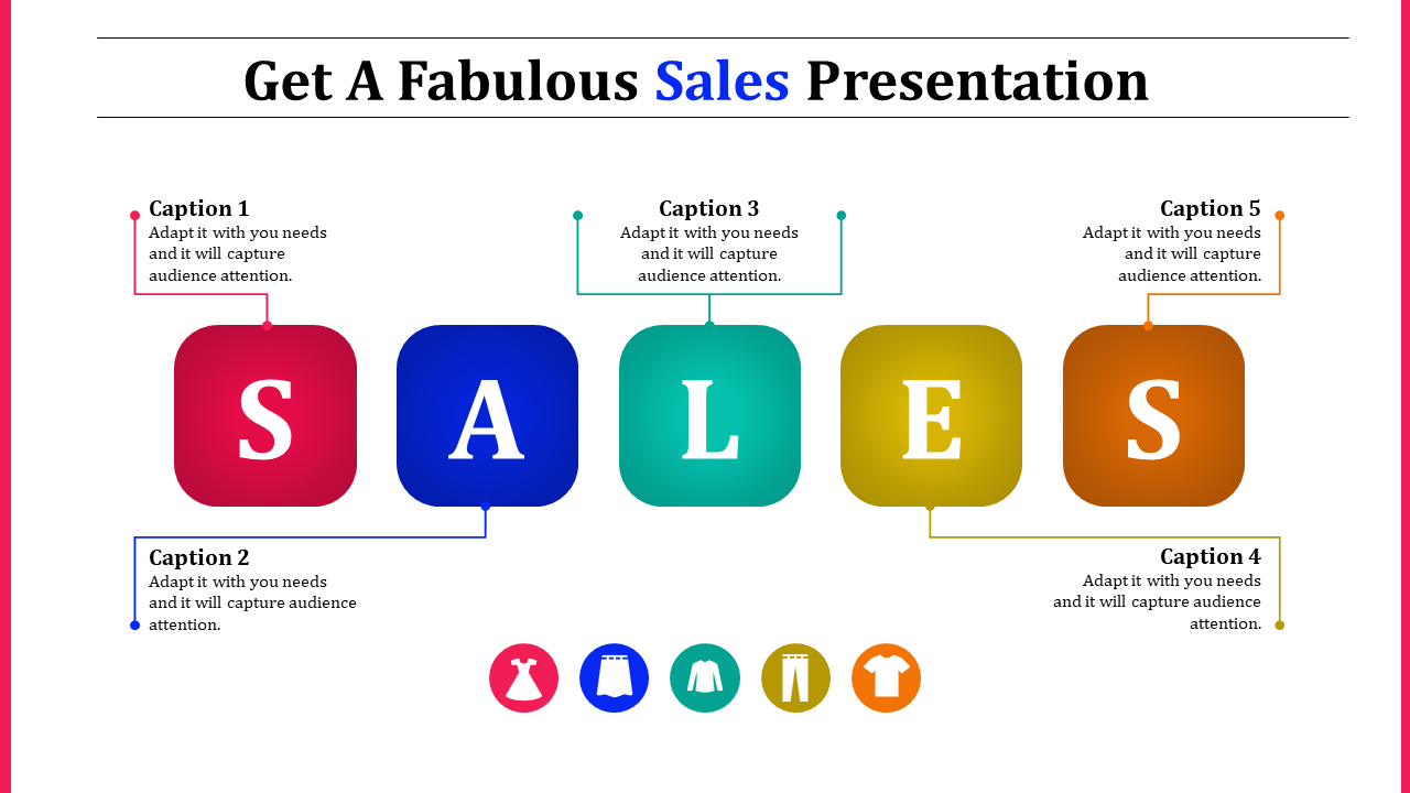 Colorful layout spelling sales in boxes with captions above and below, featuring icons at the bottom on a white background.