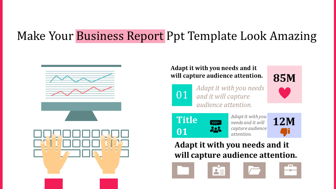 Business report layout with hands typing, line graph on screen, statistics, highlighted title text and colorful elements.