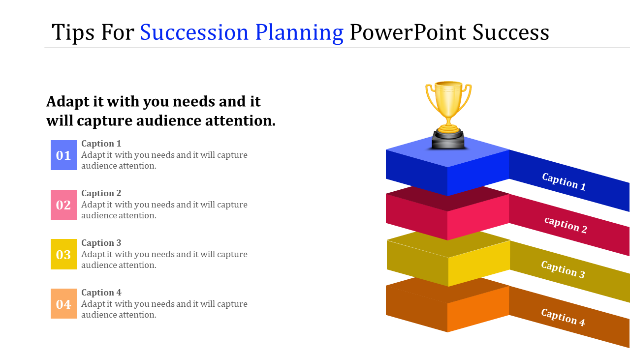 Stacked colorful blocks labeled for succession planning with a trophy on top, accompanied by a list of captions on the left.